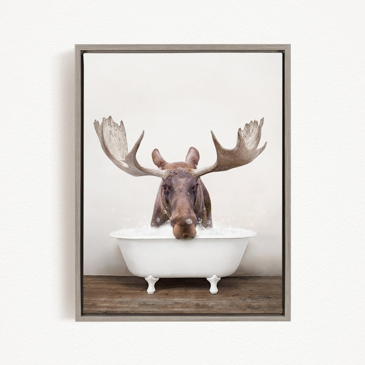 A moose with large antlers is sitting in a white bathtub filled with water, creating a whimsical and humorous scene.