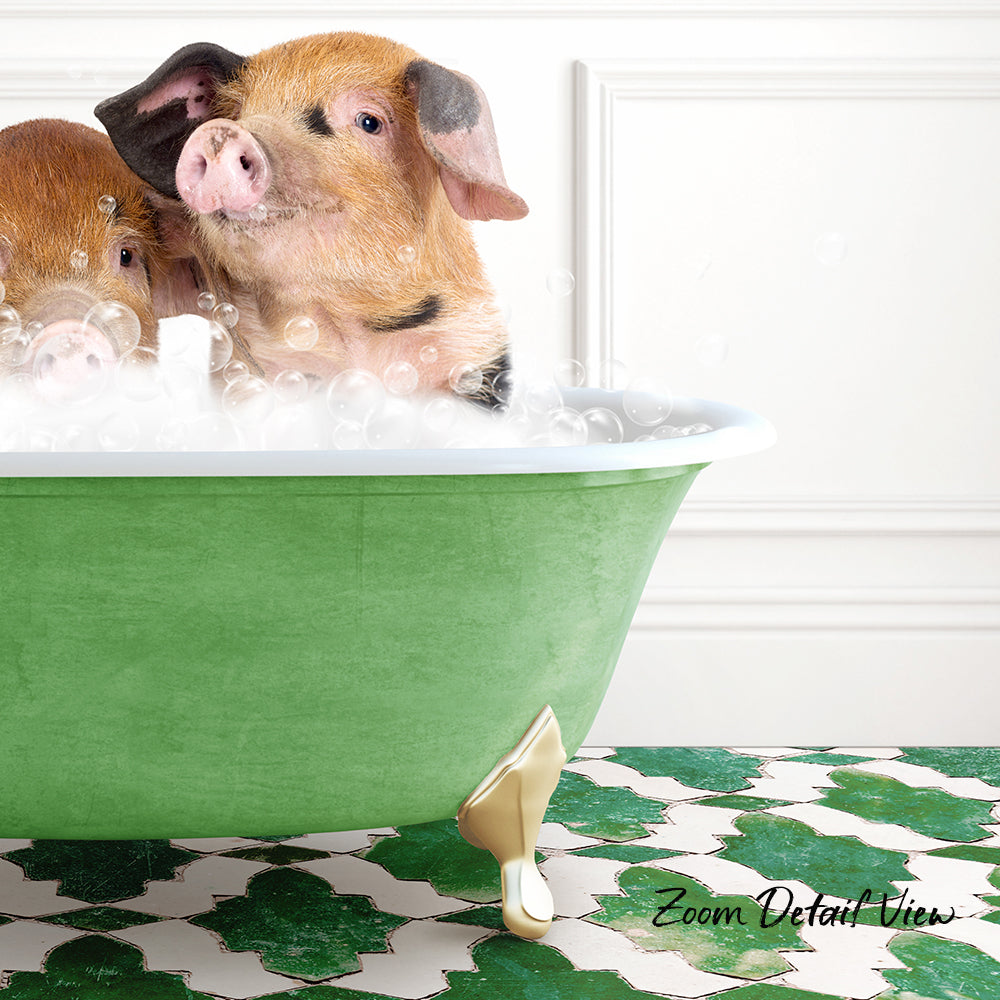 A pair of adorable pigs enjoying a bath in a green bathtub, surrounded by bubbles.