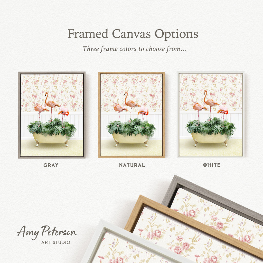 three framed canvas options, each featuring a different color and frame style. The options include a gray frame with a pink and white floral pattern, a natural frame with a pink and white floral pattern, and a white frame with a pink and white floral pattern.