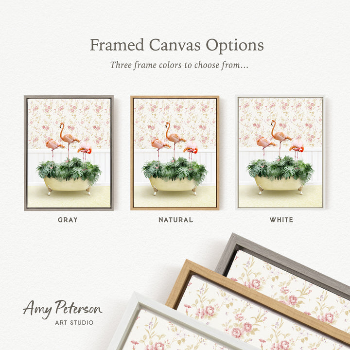 three framed canvas options, each featuring a different color and frame style. The options include a gray frame with a pink and white floral pattern, a natural frame with a pink and white floral pattern, and a white frame with a pink and white floral pattern.