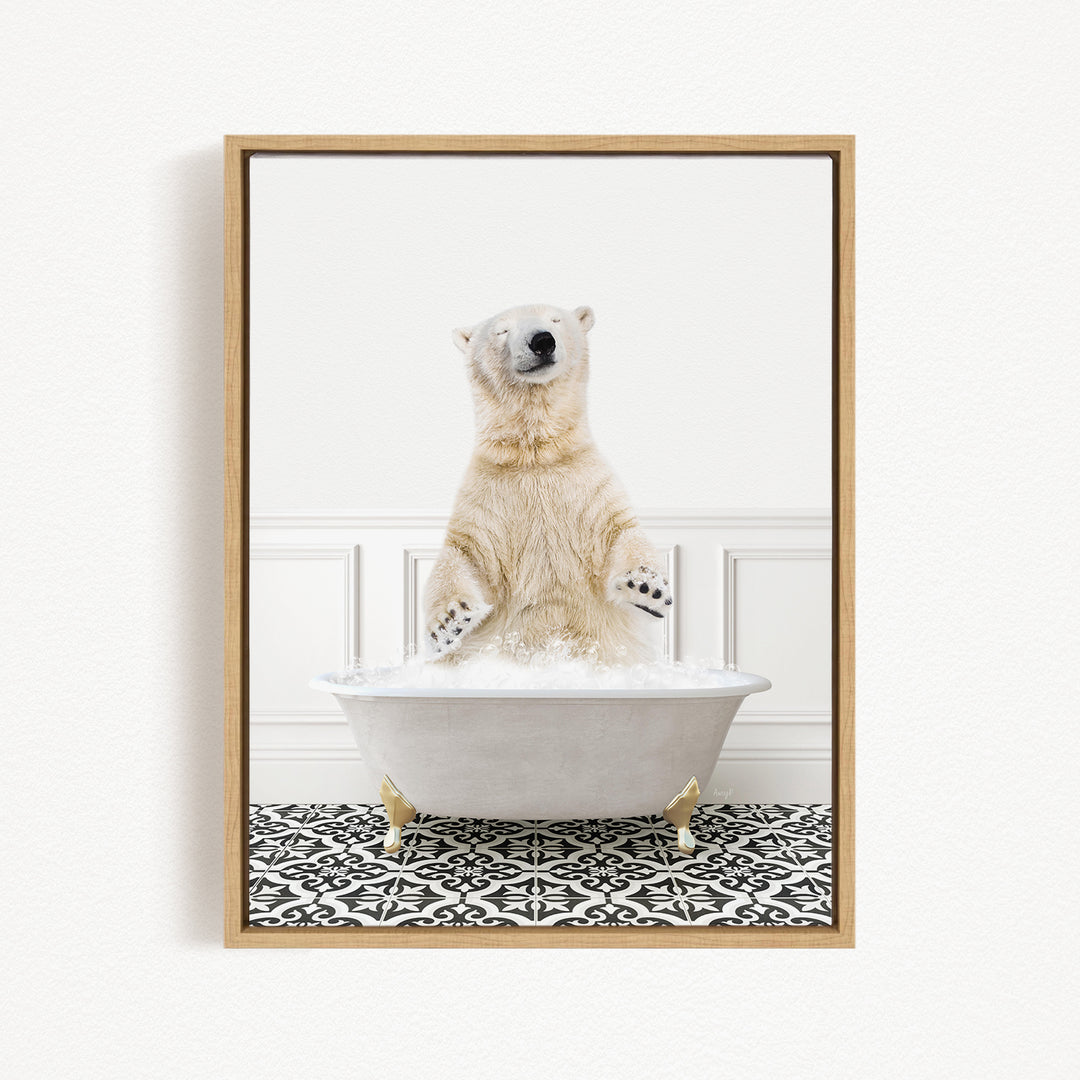 A polar bear standing in a bathtub filled with water, with its paws raised in the air.