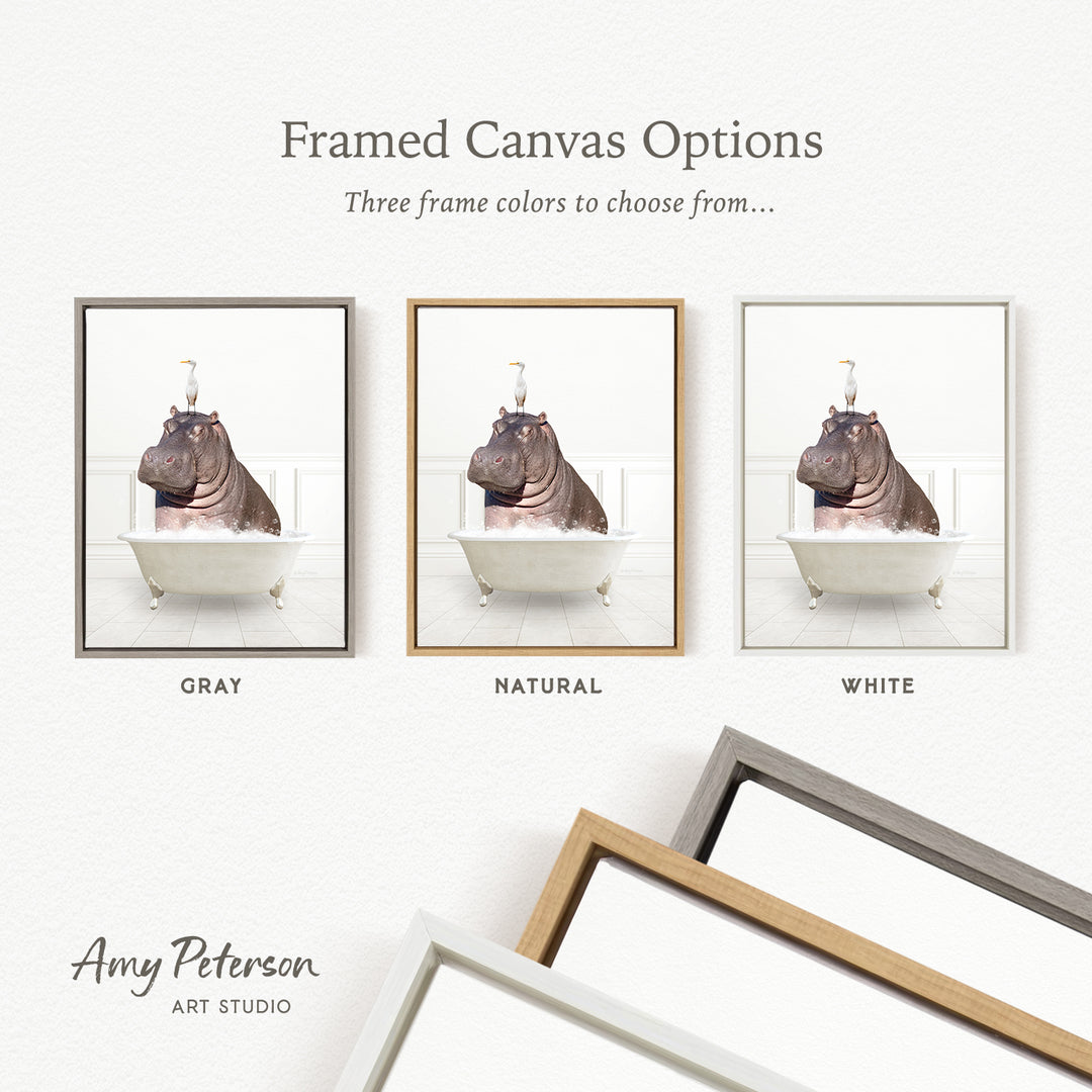 three framed canvas options, each featuring a photograph of a hippopotamus in a bathtub. The options include a gray frame, a natural frame, and a white frame.