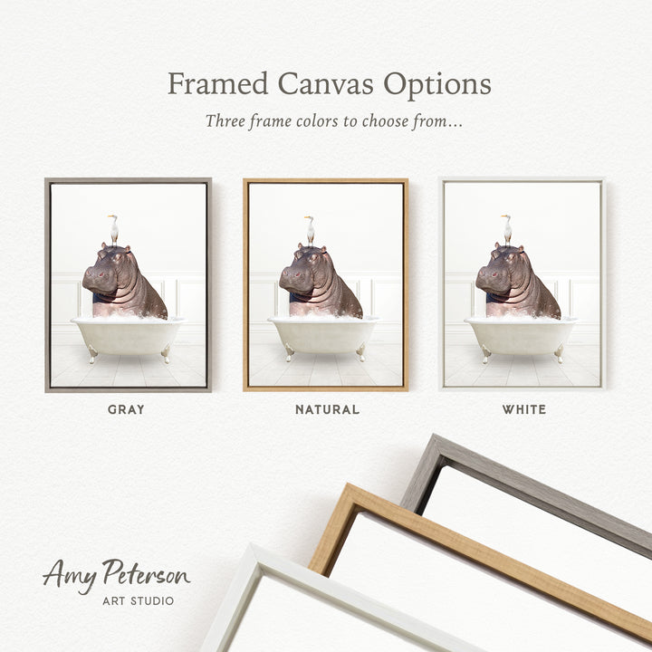 three framed canvas options, each featuring a photograph of a hippopotamus in a bathtub. The options include a gray frame, a natural frame, and a white frame.