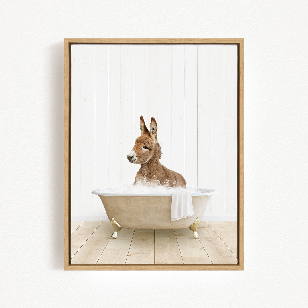 A donkey is sitting in a bathtub filled with water, surrounded by a white wooden wall.