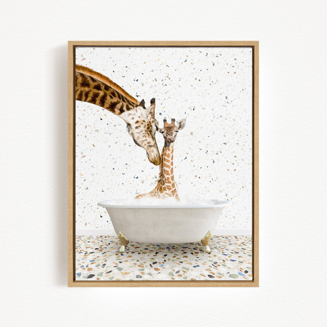 A mother giraffe and her baby giraffe are enjoying a relaxing bath together in a white bathtub, surrounded by a speckled tiled floor.