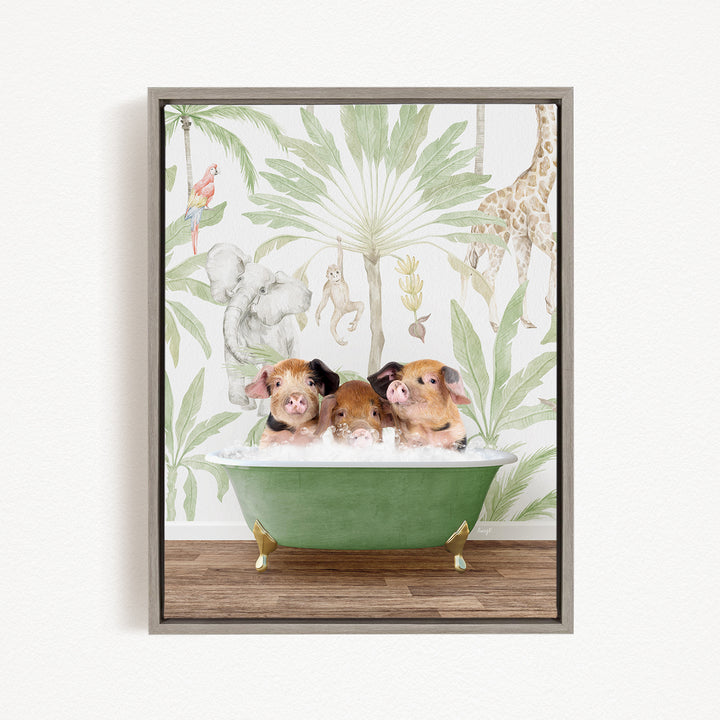 A framed image depicting three pigs sitting in a green bathtub, surrounded by a tropical jungle wallpaper with various animals and plants.