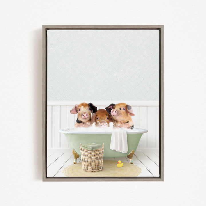 Three adorable pigs sitting in a green bathtub, enjoying a relaxing bath together.