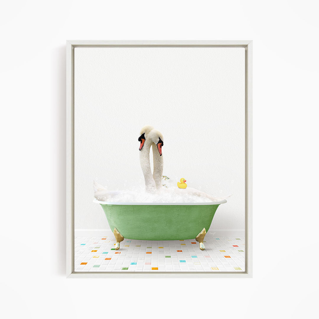 A pair of swans bathing in a green bathtub, with a yellow rubber duck floating nearby.