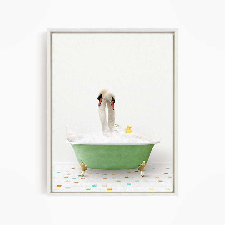 A pair of swans bathing in a green bathtub, with a yellow rubber duck floating nearby.