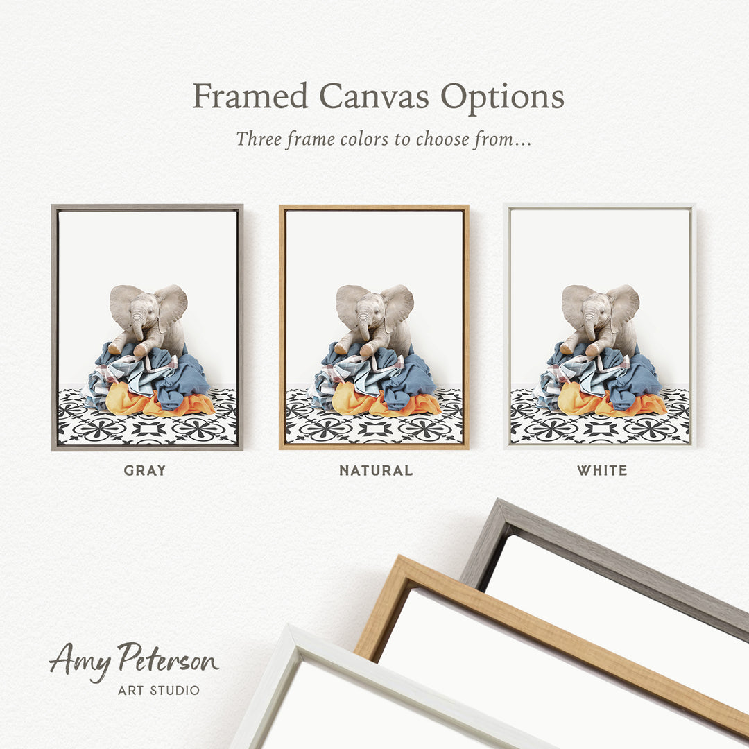 three framed canvas options, each with a different color: gray, natural, and white. The text above the images reads " framed Canvas Options" and "Three frame colors to choose from...". The text below the images reads "Grays", "NATURAL", and "WHITE". The artist's name, Amy Peterson, is also mentioned at the bottom of the image.