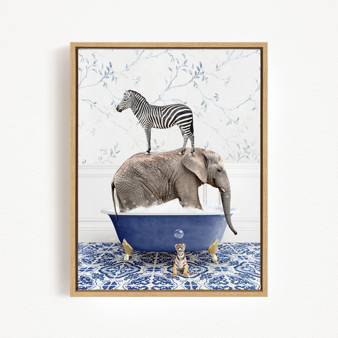 A zebra stands on the back of an elephant in a bathtub, with a small tiger sitting nearby.