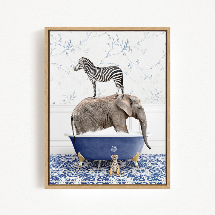 A zebra stands on the back of an elephant in a bathtub, with a small tiger sitting nearby.