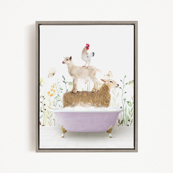 A framed illustration depicting a sheep standing on a purple bathtub, with a chicken perched on top and a lamb on the side, all surrounded by a garden-like setting with flowers and plants.