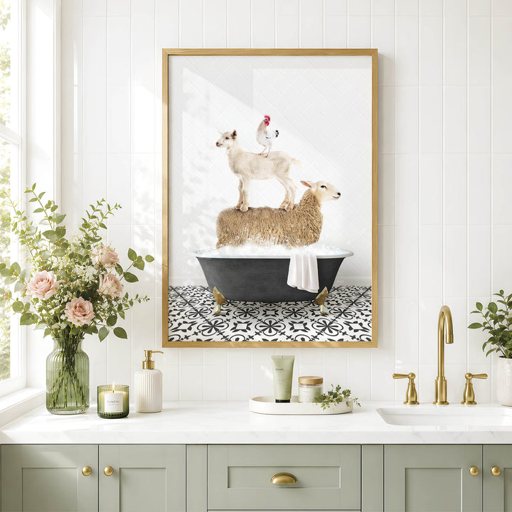 a bathroom scene with a framed picture of a sheep standing on a tub, a chicken perched on the sheep, and a vase of flowers on the counter.