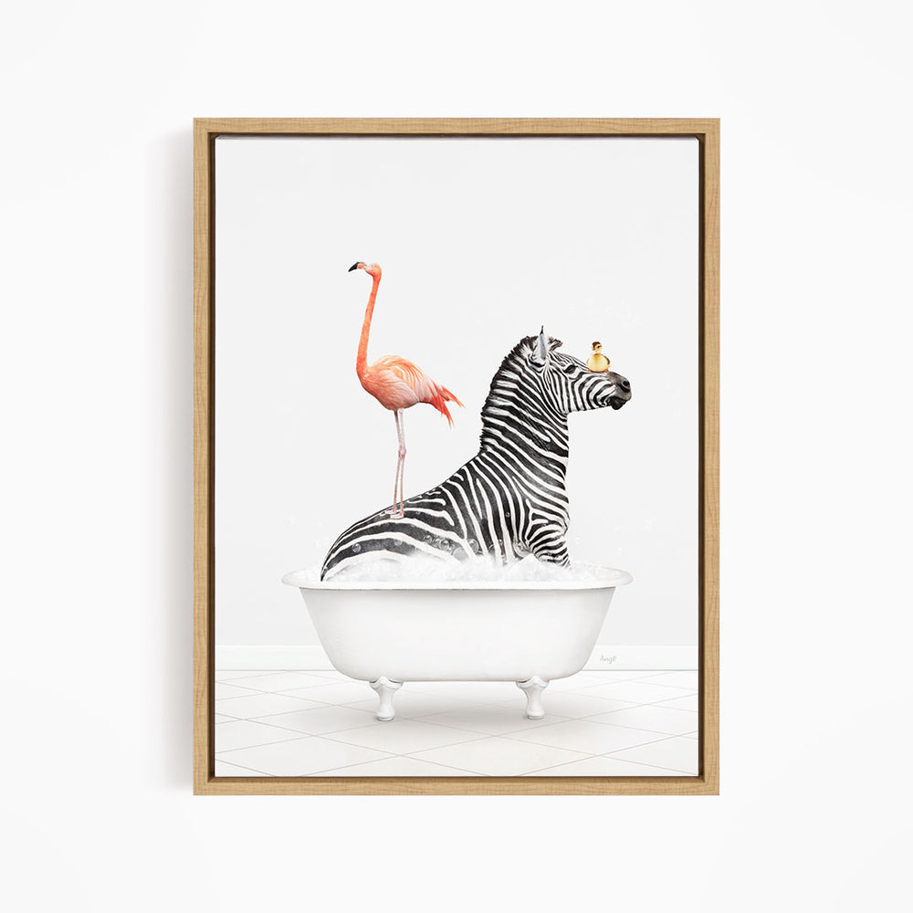 A zebra is sitting in a white bathtub, with a flamingo standing on its back and a bird perched on its head.
