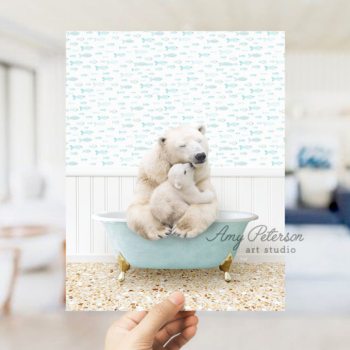 a person holding a polar bear in a bathtub