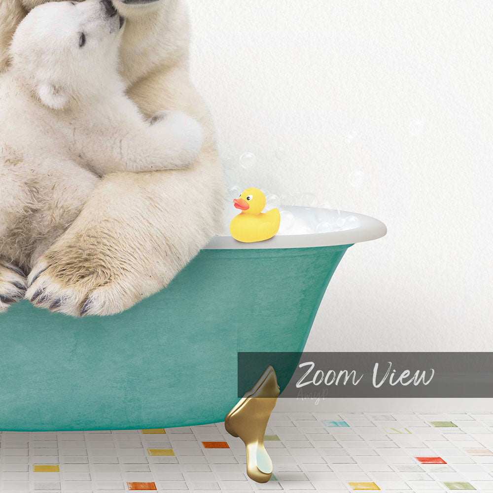 A polar bear is sitting in a bathtub filled with bubbles, with a yellow rubber duck floating nearby.