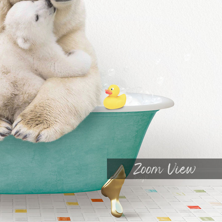 A polar bear is sitting in a bathtub filled with bubbles, with a yellow rubber duck floating nearby.