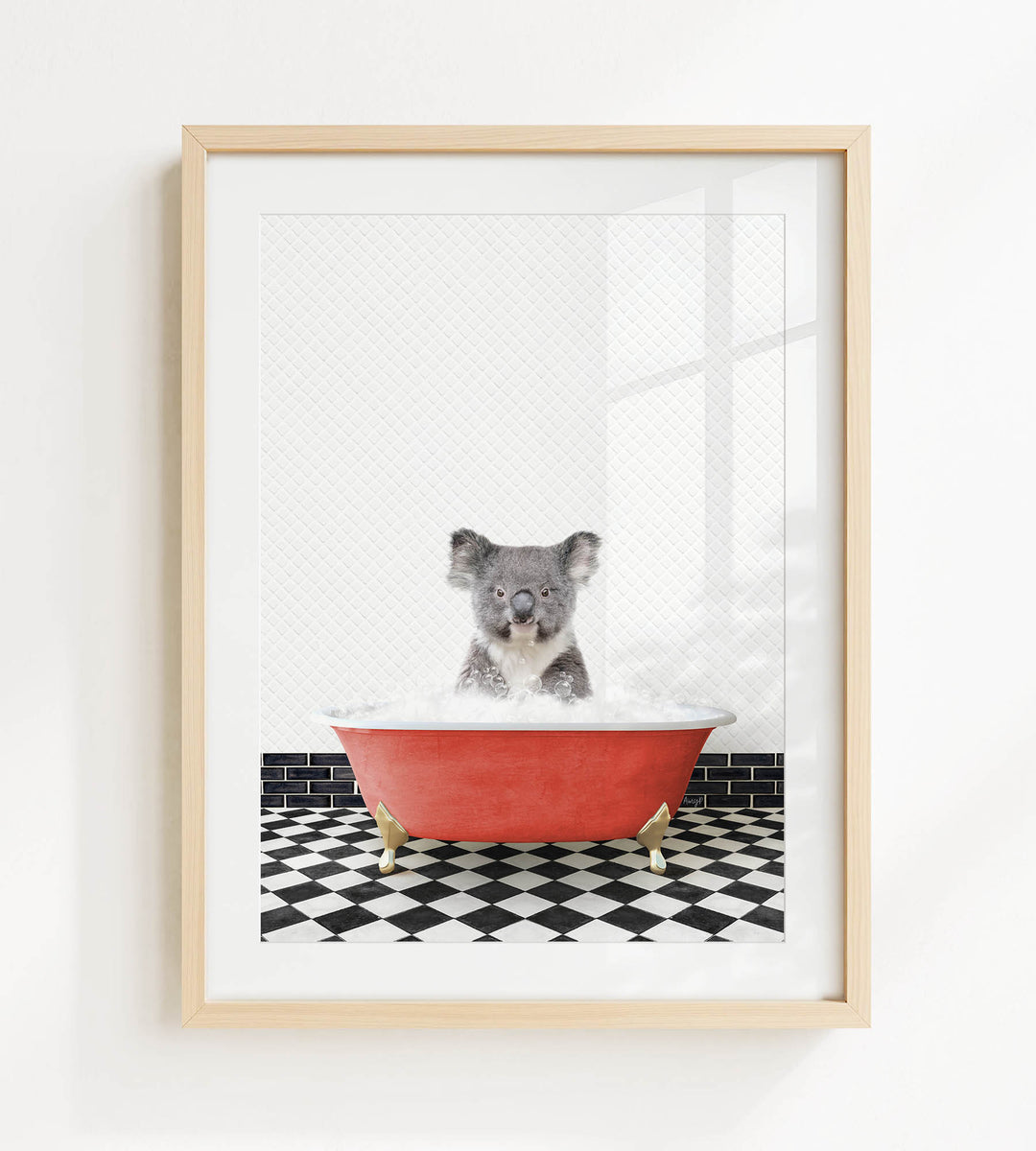 A koala bear sitting in a red bathtub filled with water, surrounded by a black and white checkered floor.