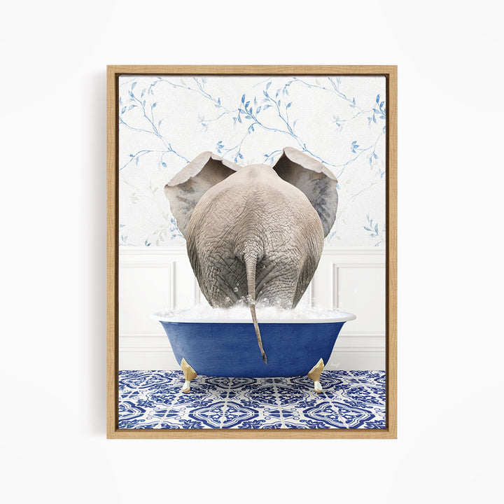 An elephant is sitting in a blue bathtub filled with water, surrounded by a blue and white patterned floor.