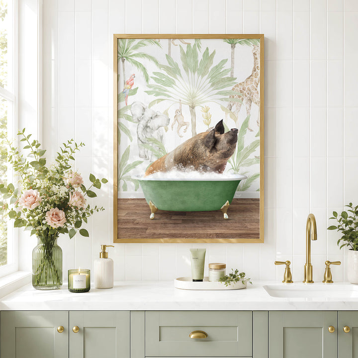 a bathroom scene with a framed picture of a pig sitting in a bathtub, surrounded by tropical foliage. The bathroom has a white countertop, a green sink, and a vase of flowers.