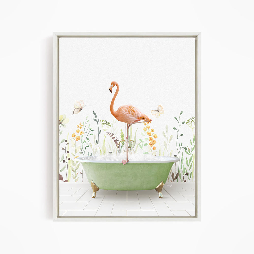 A pink flamingo stands on the edge of a green bathtub, surrounded by a floral and butterfly-themed background.