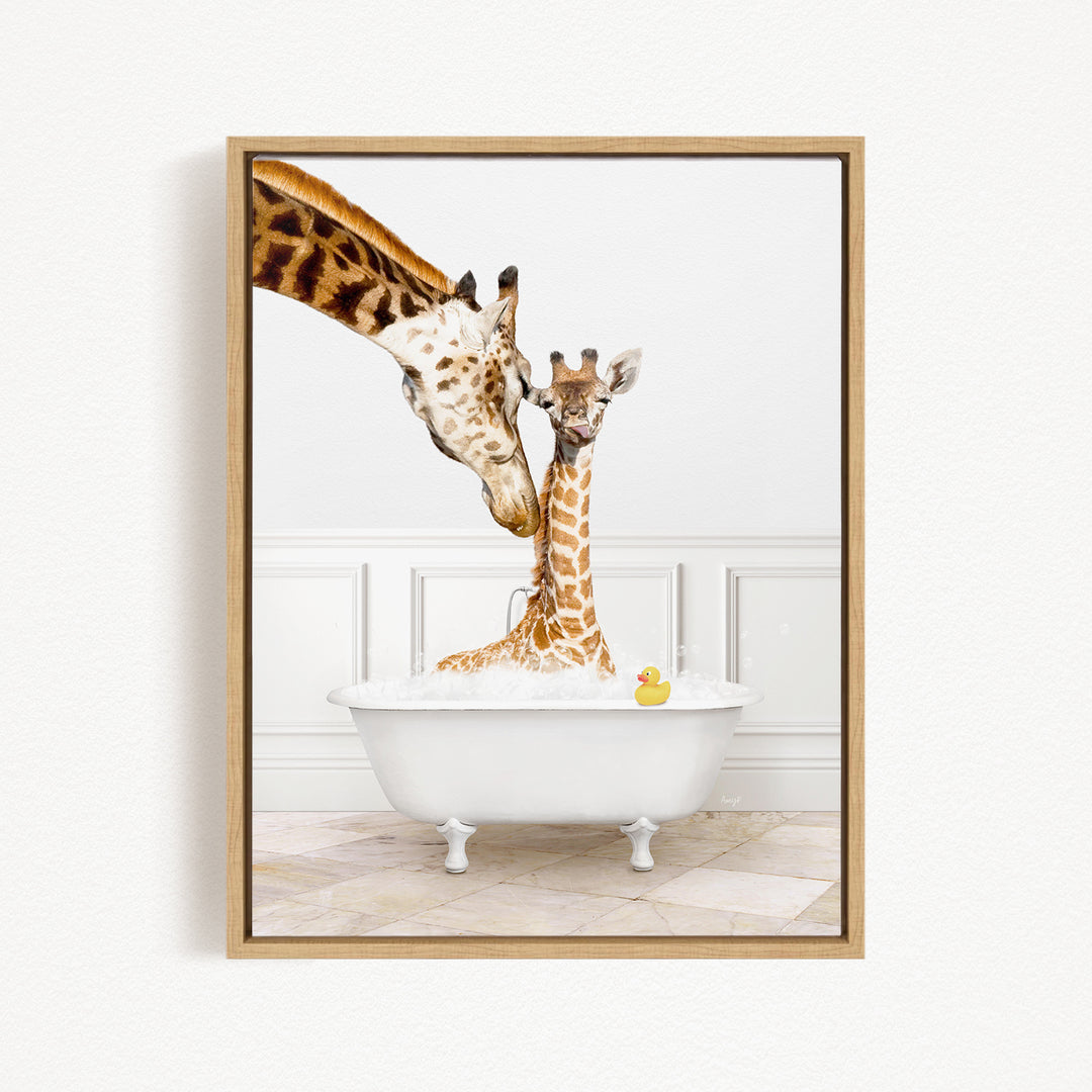 A mother giraffe and her baby giraffe are enjoying a bath together in a white bathtub, with a yellow rubber duck floating in the water.