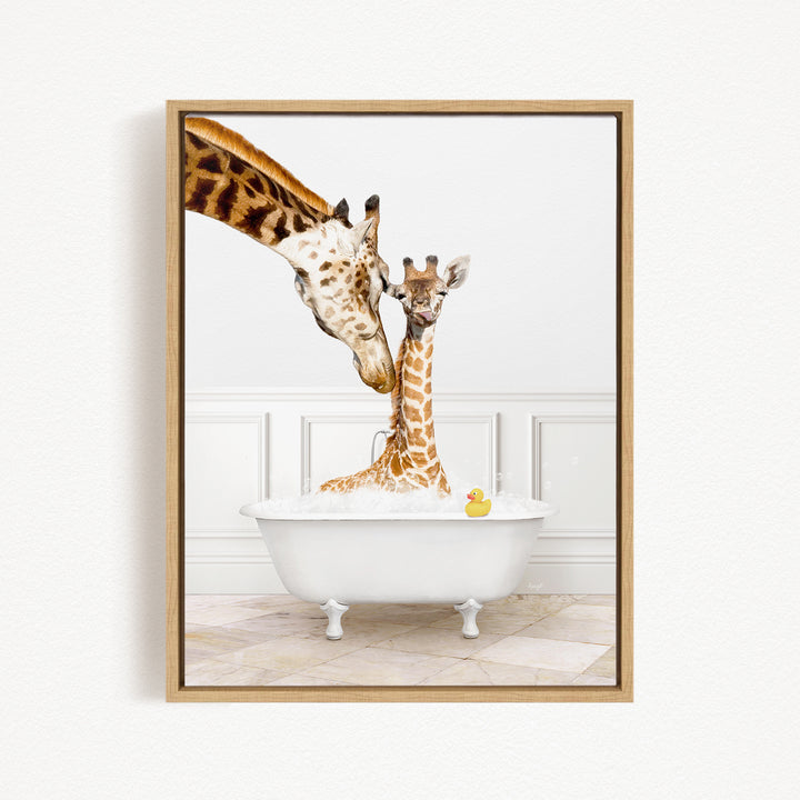 A mother giraffe and her baby giraffe are enjoying a bath together in a white bathtub, with a yellow rubber duck floating in the water.