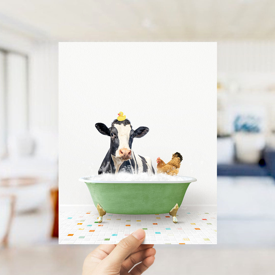 A cow and a chicken are sitting in a green bathtub filled with water, with a yellow rubber duck floating on top.