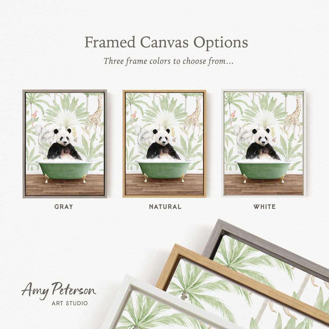 three framed canvas options featuring a panda bear in a bathtub, each with a different frame color: gray, natural, and white.