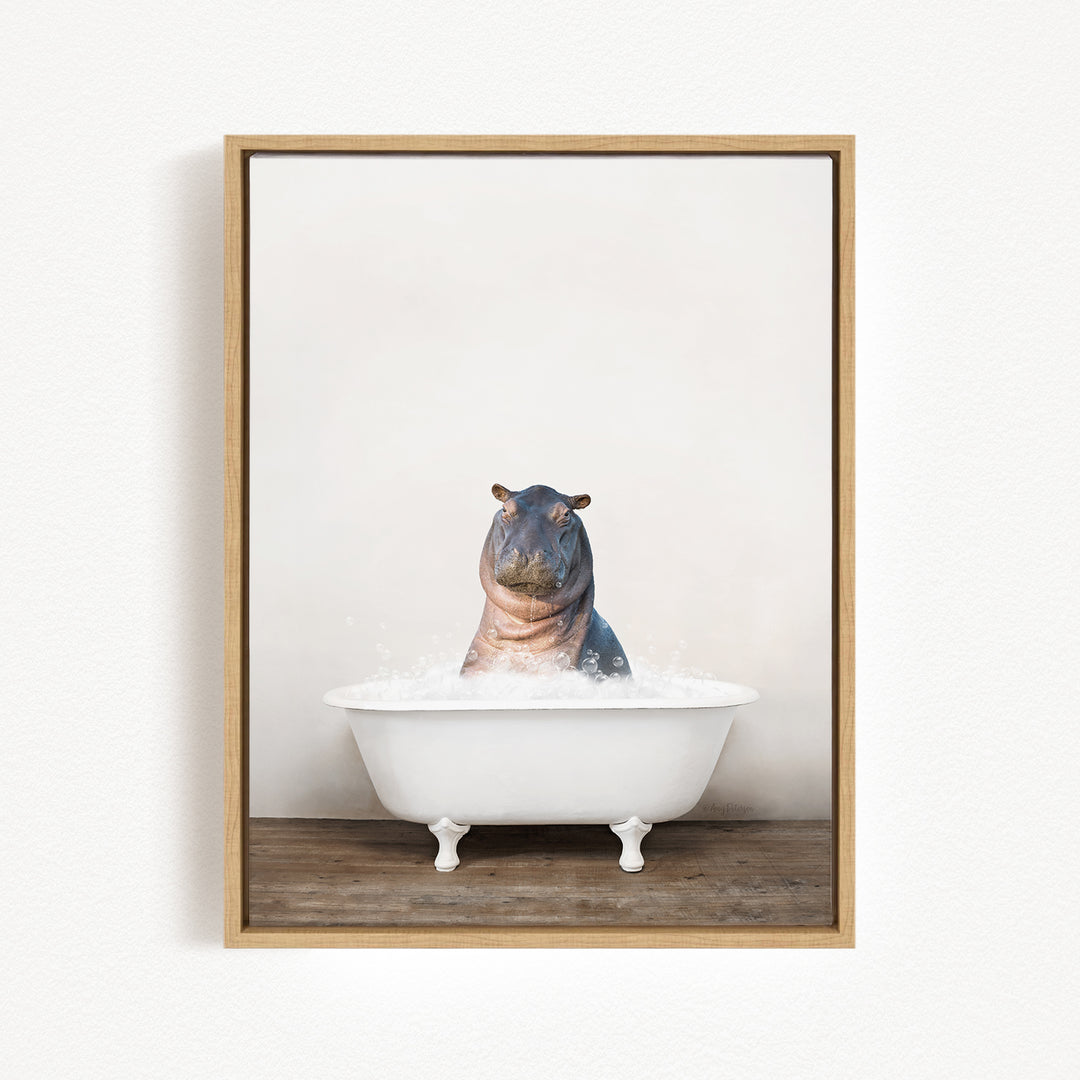A hippopotamus sitting in a white bathtub filled with water, creating a playful and whimsical scene.