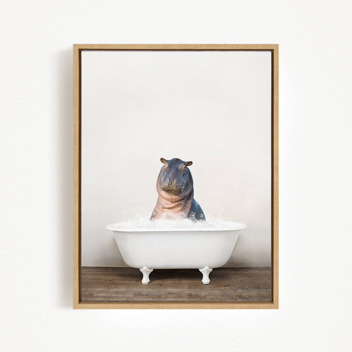 A hippopotamus sitting in a white bathtub filled with water, creating a playful and whimsical scene.