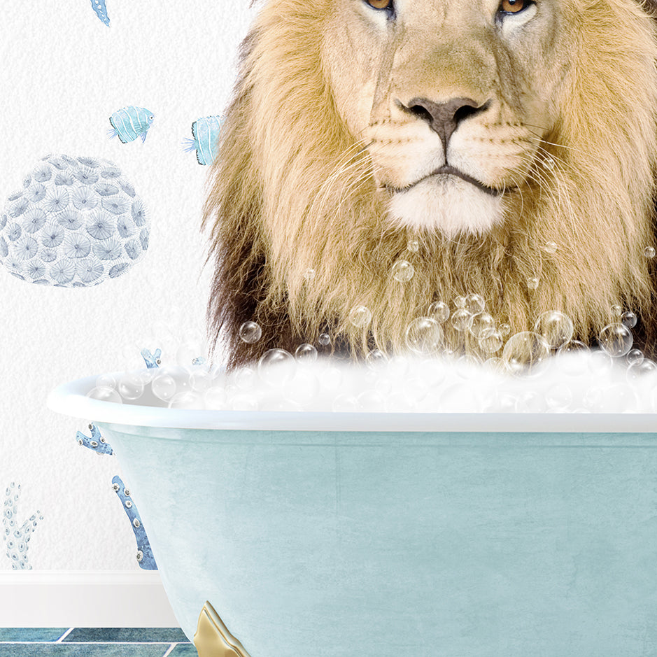 a lion sitting in a bathtub with bubbles