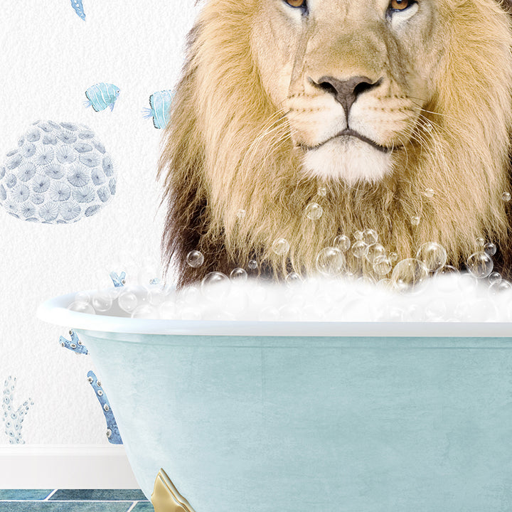 a lion sitting in a bathtub with bubbles