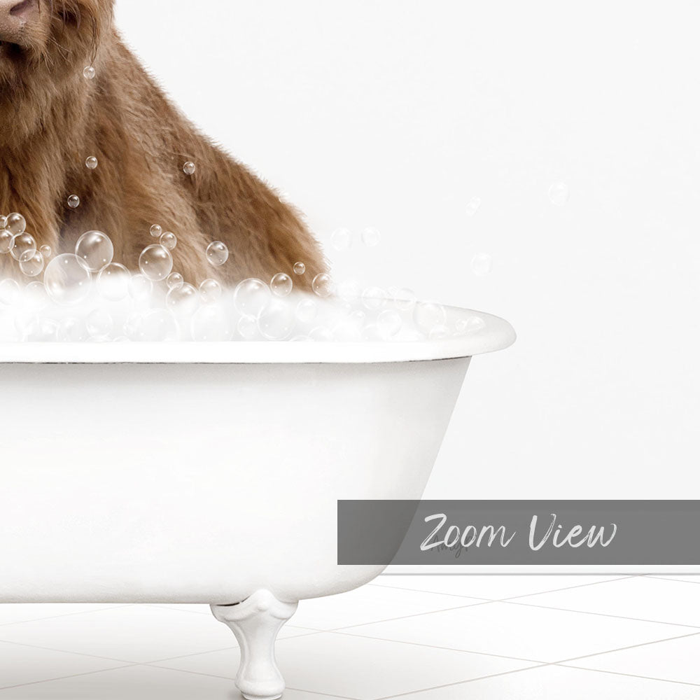 A brown dog is sitting in a white bathtub filled with bubbles, creating a playful and relaxing scene.