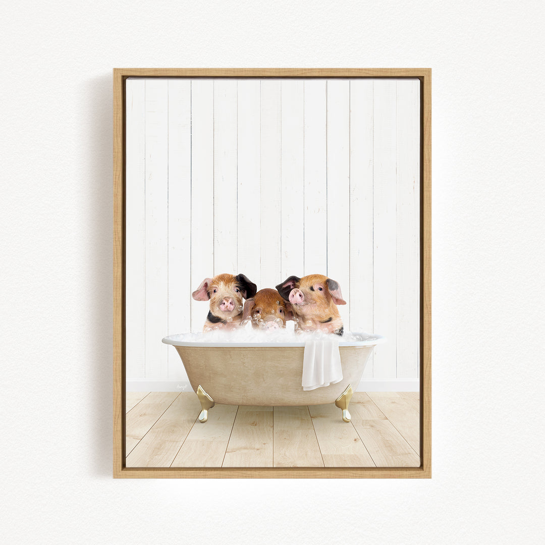 Three adorable pigs sitting in a bathtub, enjoying a relaxing bath together.