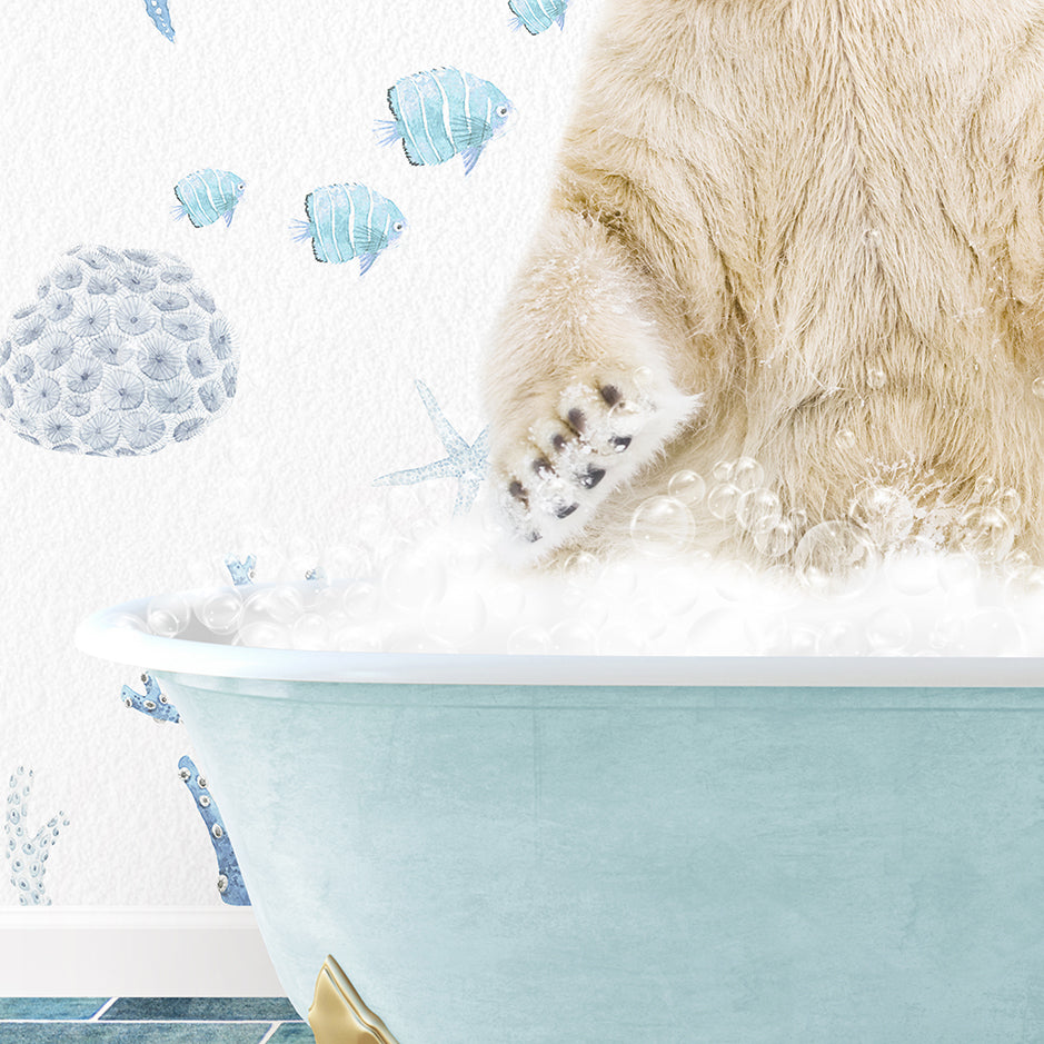 a polar bear sitting in a bath tub