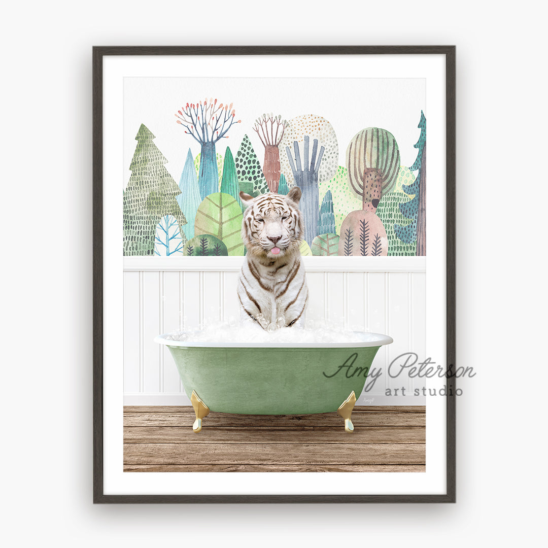 a white tiger sitting in a green bath tub