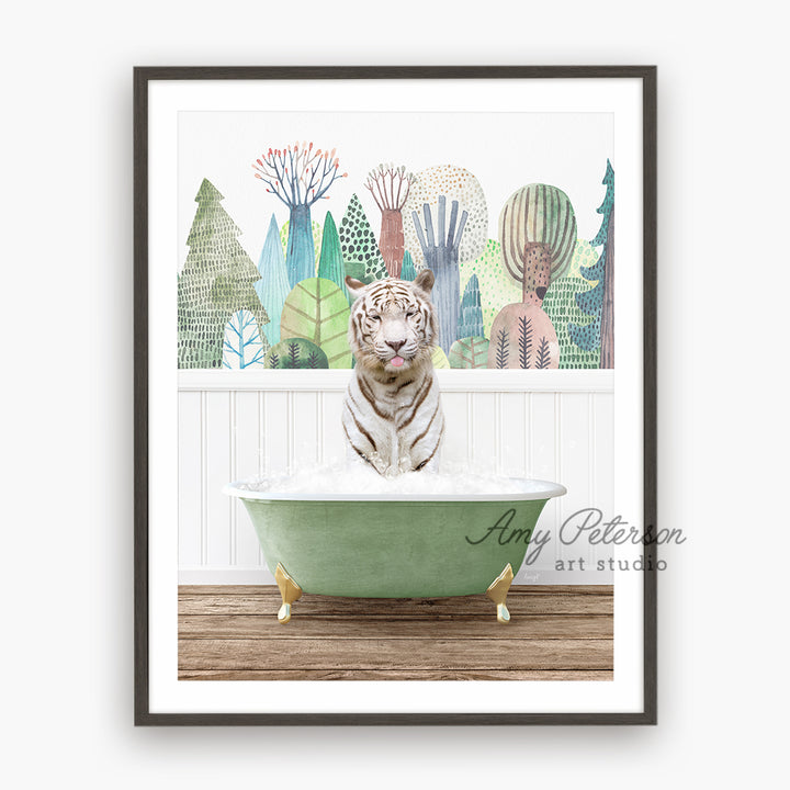 a white tiger sitting in a green bath tub