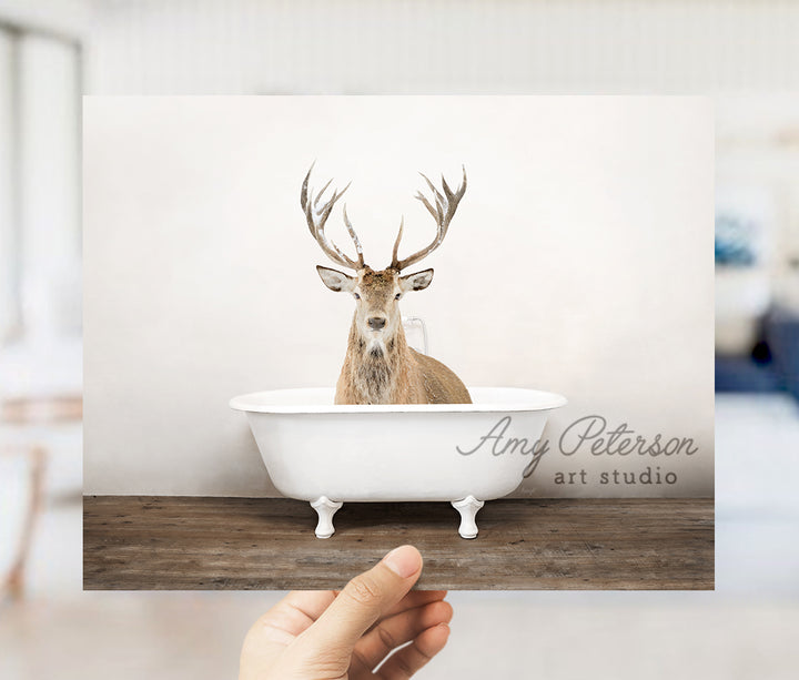 a hand holding a photo of a deer in a bathtub