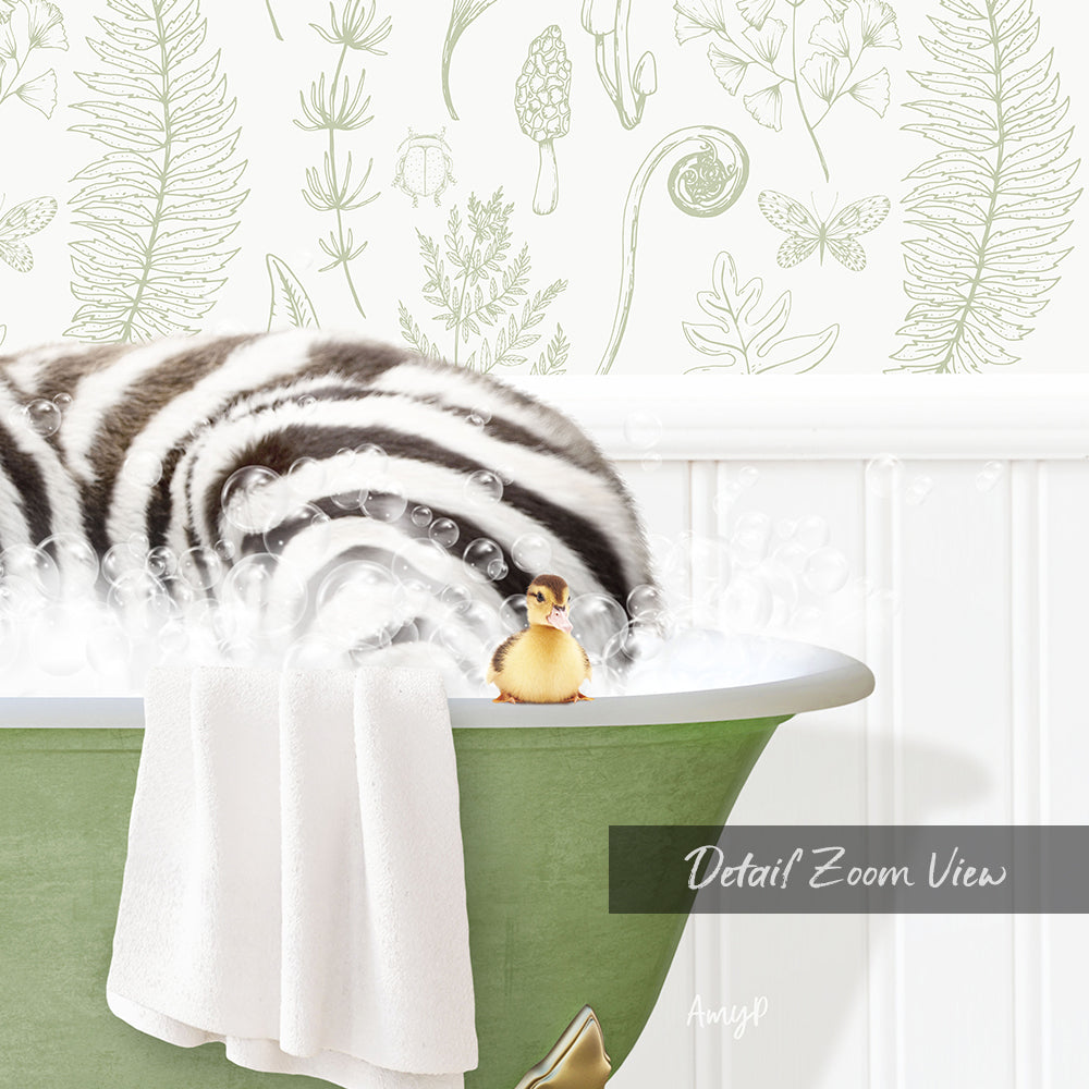 A zebra lying in a bathtub with a small yellow bird perched on its head, surrounded by bubbles and a towel.