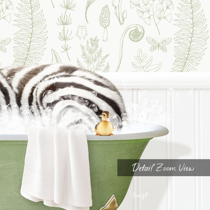 A zebra lying in a bathtub with a small yellow bird perched on its head, surrounded by bubbles and a towel.