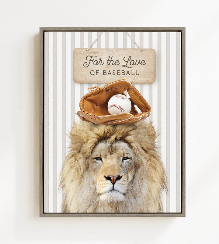 A framed image of a lion wearing a baseball glove and holding a baseball, with a sign above that says "For the Love of Baseball".