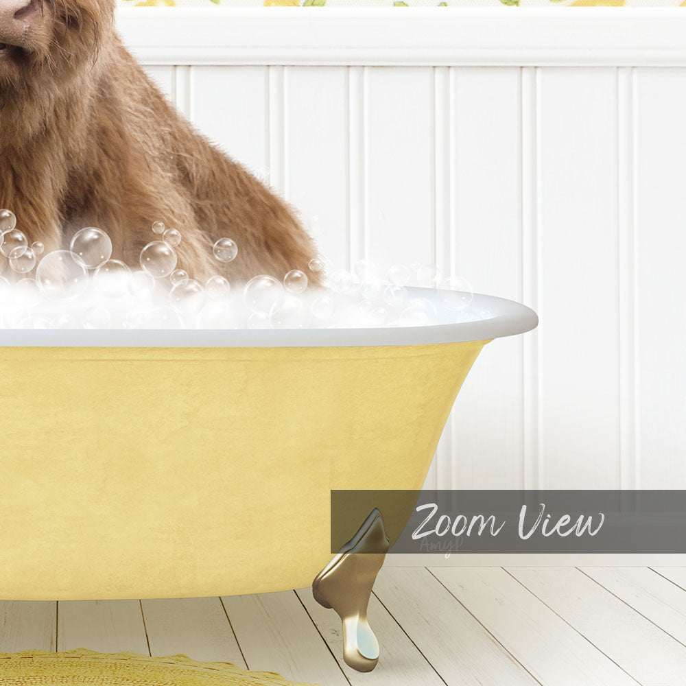 A brown bear is sitting in a yellow bathtub filled with bubbles, creating a playful and whimsical scene.