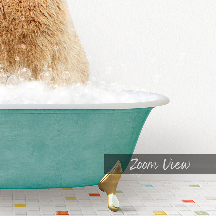 A cat sitting in a green bathtub filled with bubbles, with a text overlay that reads "Zoom View".