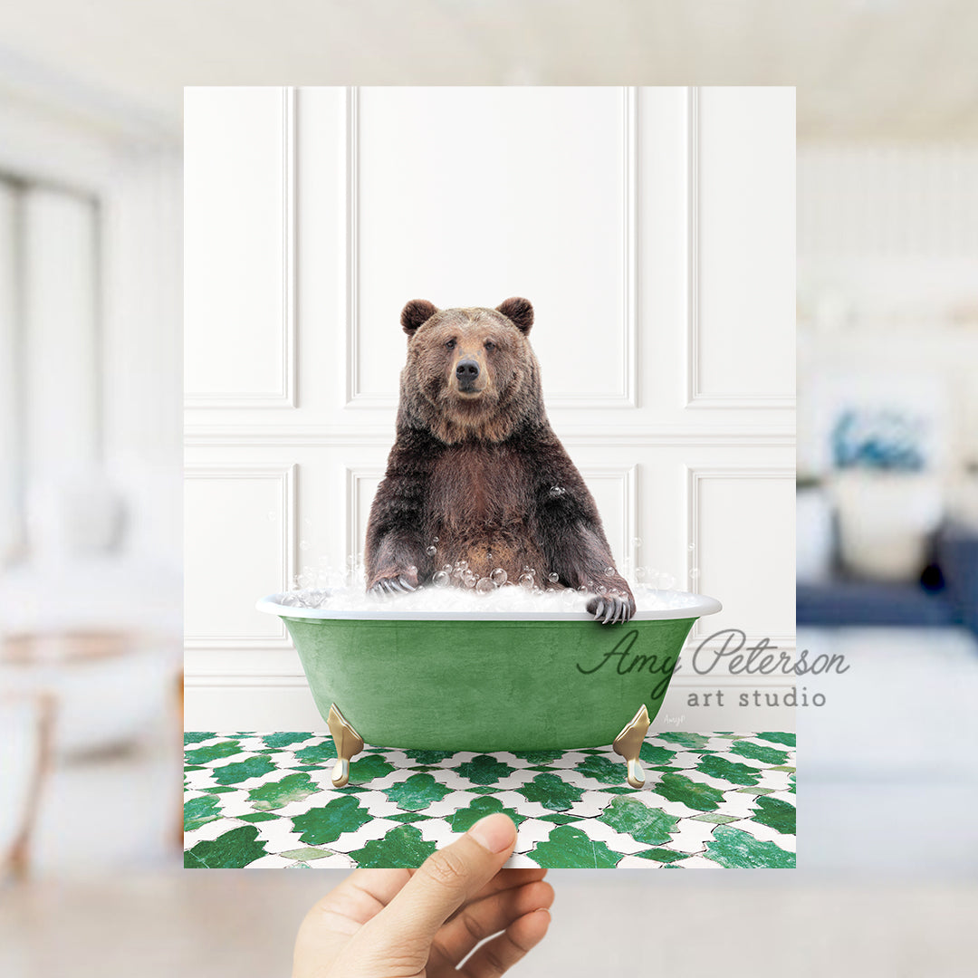 a bear sitting in a green bath tub