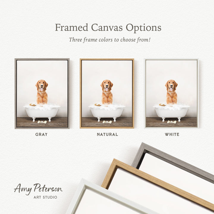three framed canvas options, each featuring a dog sitting in a bathtub. The options include a gray frame, a natural frame, and a white frame. The text above the images reads " Framed Canvas Options" and "Three frame colors to choose from!".