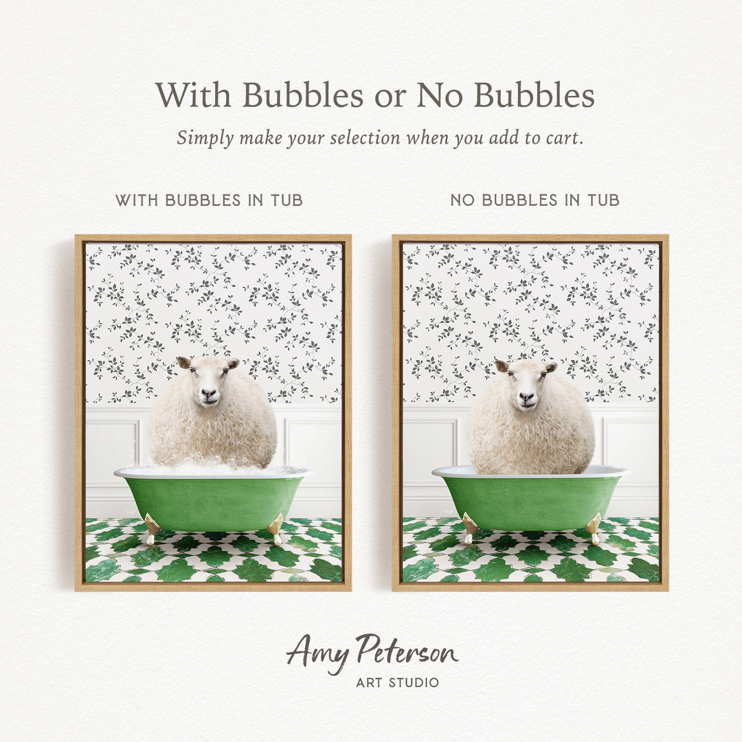 The image is a collage of two framed pictures, each depicting a sheep sitting in a green tub. The text above the images reads "With Bubbles or No Bubbles" and below the images, it says "Simply make your selection when you add to cart."