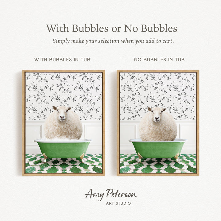 The image is a collage of two framed pictures, each depicting a sheep sitting in a green tub. The text above the images reads "With Bubbles or No Bubbles" and below the images, it says "Simply make your selection when you add to cart."