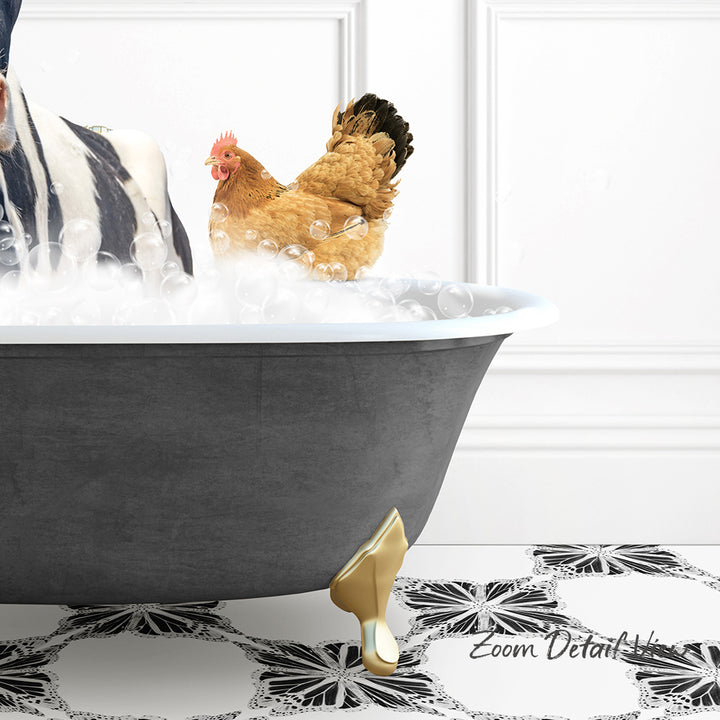 A black bathtub filled with bubbles, with a brown chicken standing inside.